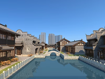 Traditional and Modern Commercial Street with Water Canal Stone Bridge and Skyscrapers 3d model