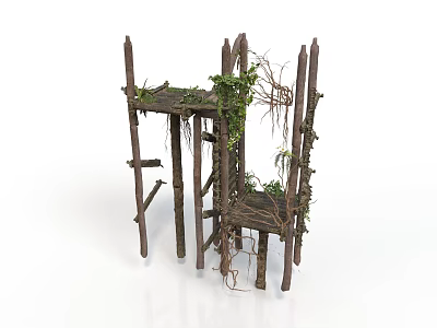 Modern Outdoor Wooden Shelves With Twisted Vines And Green Leaves 3d model