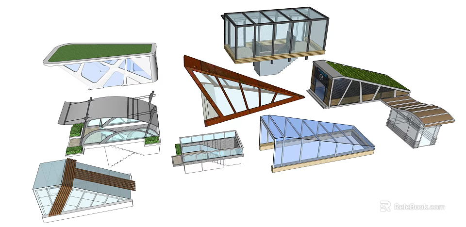 Various Modern Architectural Structures With Glass Roofs And Geometric Designs 3d model