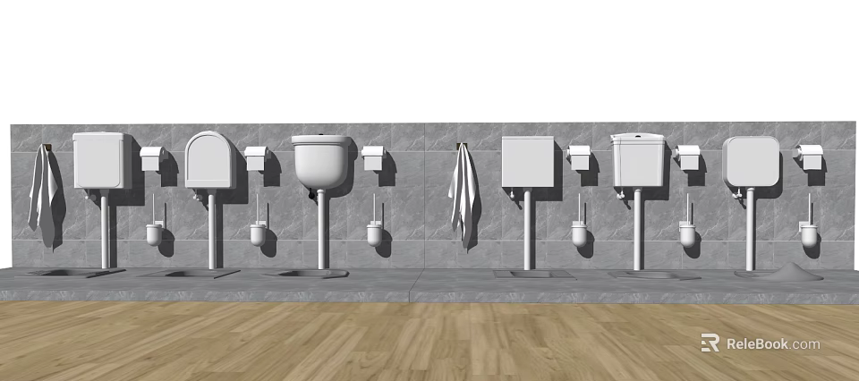 Different Toilet Models with Paper Holders on Gray Tiled Wall and Wooden Floor 3d model 
