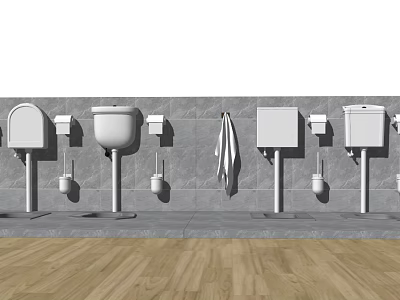 Different Toilet Models with Paper Holders on Gray Tiled Wall and Wooden Floor 3d model