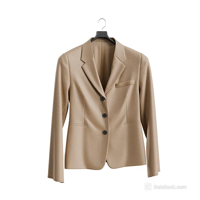Beige Blazer with Lapel Collar Front Buttons and Side Pockets Hanging on Black Hanger 3d model 