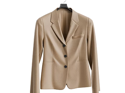 Beige Blazer with Lapel Collar Front Buttons and Side Pockets Hanging on Black Hanger 3d model