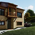 Detached House Beige Brick Exterior Brown Roof Balcony Railings Green Lawn Purple Shrubs Stone Path