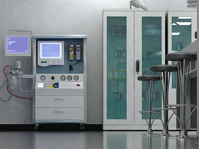 Swing Door Glass Cabinet In Medical Laboratory With Control Panel And Stools 3d model
