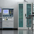 Swing Door Glass Cabinet In Medical Laboratory With Control Panel And Stools
