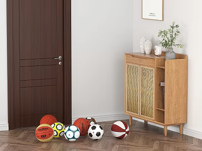 Wooden Shoe Cabinet with Vase and Decorative Items and Colorful Sports Balls in Indoor Space 3d model
