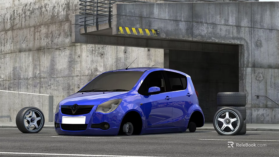 Blue Compact Car Parked By Concrete Structure With Tires And Warning Stripes 3d model 