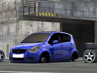 Blue Compact Car Parked By Concrete Structure With Tires And Warning Stripes 3d model