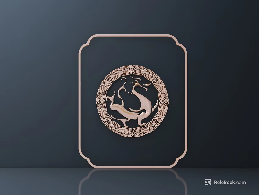 Golden Circular Dragon Themed Carving Artwork With Square Frame On Dark Background 3d model 