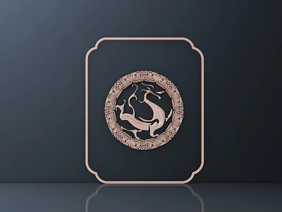 Golden Circular Dragon Themed Carving Artwork With Square Frame On Dark Background 3d model