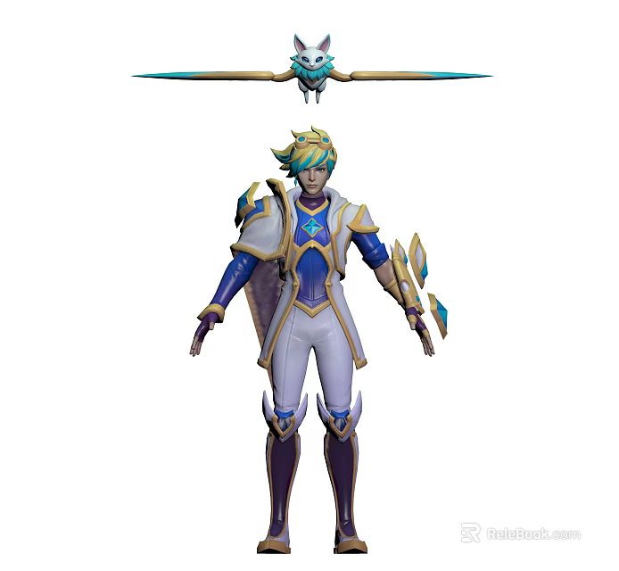 Fantasy Character With Blue And Gold Armor And Flying Crystal Winged Creature 3d model 