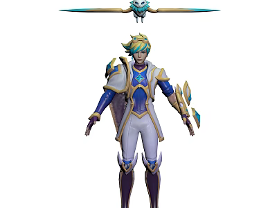 Fantasy Character With Blue And Gold Armor And Flying Crystal Winged Creature 3d model