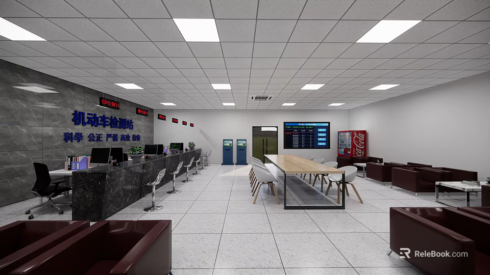 Vehicle Inspection Service Hall with Service Counter Digital Screens Seating Area and Vending Machine 3d model 