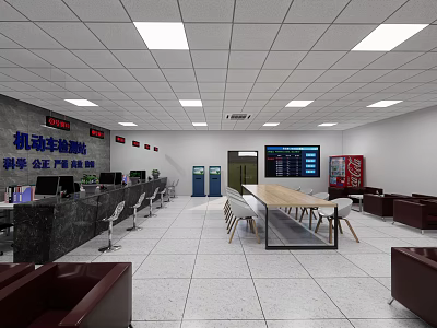 Vehicle Inspection Service Hall with Service Counter Digital Screens Seating Area and Vending Machine 3d model