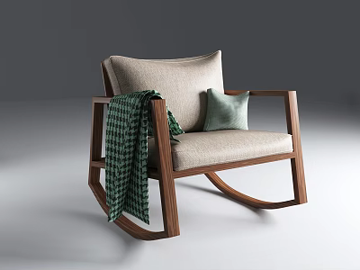 Modern Leisure Rocking Chair With Wooden Frame Light Beige Cushion Green Pillow And Plaid Blanket 3d model
