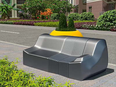 Gray Modern Outdoor Chair With Striped Details Surrounded by Green Plants and Flower Beds 3d model