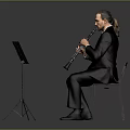 Man In Black Suit Seated On Stool Playing The Clarinet With Music Stand