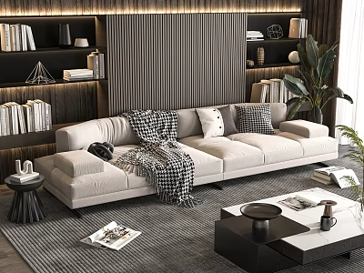 Beige Sectional Sofa with Plaid Blanket and Throw Pillows in Modern Living Room with Bookshelves 3d model