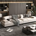 Beige Sectional Sofa with Plaid Blanket and Throw Pillows in Modern Living Room with Bookshelves