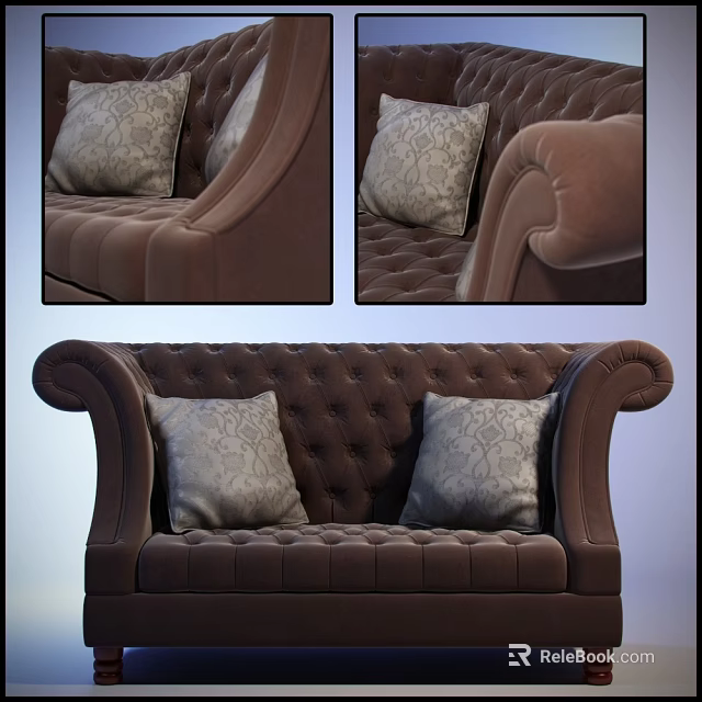 Brown Tufted Velvet Two Seater Sofa With Rolled Arms And Grey Patterned Pillows 3d model