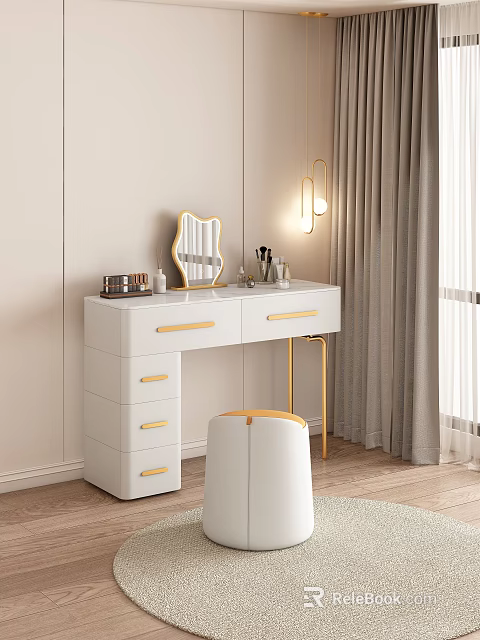 White Dressing Table with Gold Handles Drawers Decorative Mirror Cosmetic Accessories Gold Lamp White Stool 3d model 
