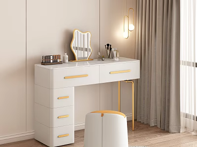 White Dressing Table with Gold Handles Drawers Decorative Mirror Cosmetic Accessories Gold Lamp White Stool 3d model