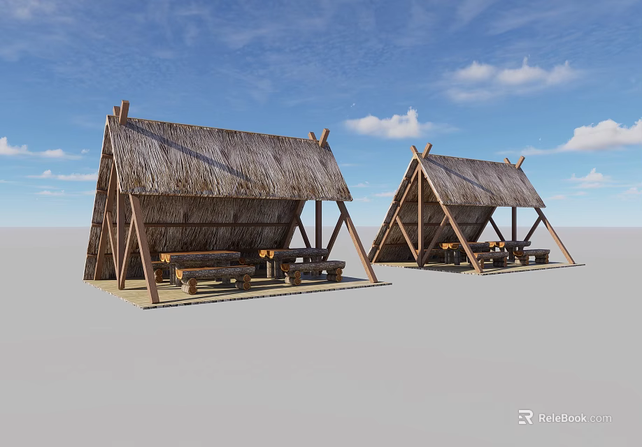 Traditional Thatched Roof Triangular Buildings With Wooden Frames And Benches In Outdoor Setting 3d model 