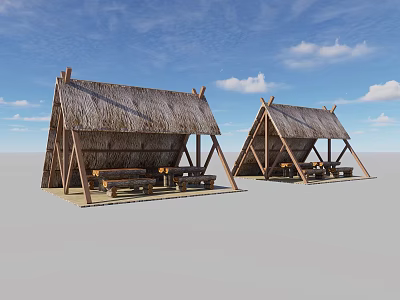 Traditional Thatched Roof Triangular Buildings With Wooden Frames And Benches In Outdoor Setting 3d model