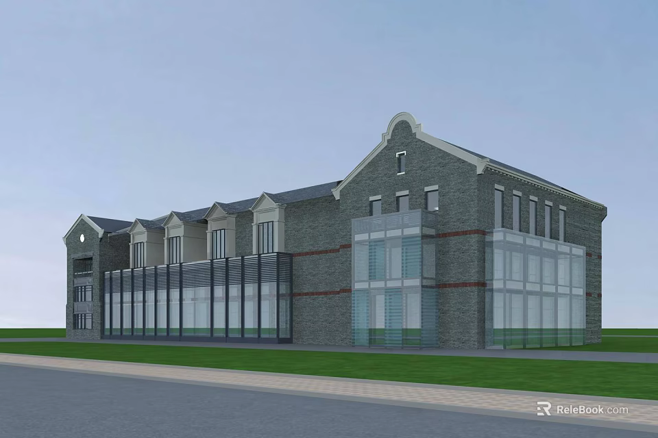 Commercial Street Brick Building with Large Glass Windows Decorative Roof Front Lawn and Road 3d model 