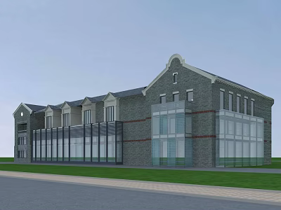 Commercial Street Brick Building with Large Glass Windows Decorative Roof Front Lawn and Road 3d model