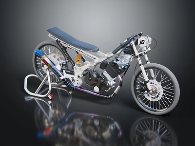 Custom White Motorcycle Featuring Blue Seat Black Frame Spoked Wheels And Metallic Engine 3d model