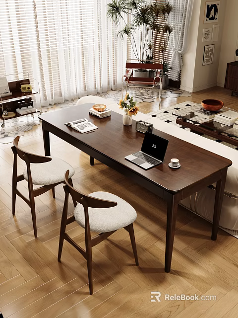 Stylish Solid Wood Long Table And Soft Cushioned Chair Set For Cozy Home Living Area 3d model 