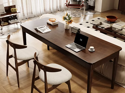 Stylish Solid Wood Long Table And Soft Cushioned Chair Set For Cozy Home Living Area 3d model