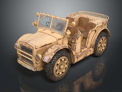 Vintage Military Jeep Model In Beige With Open Top Large Tires And Weathered Texture 3d model