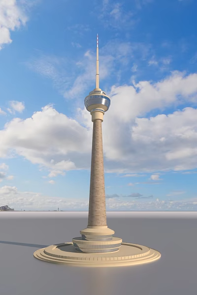 Urban Architectural Complex Landmark Tower Featuring Spherical Top And Blue Sky Clouds Sea View 3d model