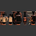 Ancient Greek Pottery Collection With Various Shapes Black Orange Vases And Carved Patterns