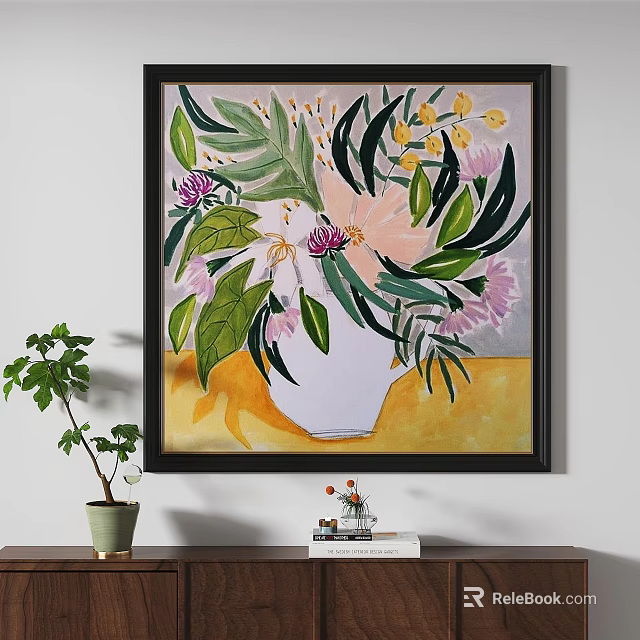 Oil Painting Featuring White Vase With Pink Purple Flowers Green Leaves And Yellow Background 3d model 