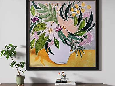 Oil Painting Featuring White Vase With Pink Purple Flowers Green Leaves And Yellow Background 3d model
