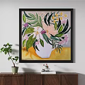 Oil Painting Featuring White Vase With Pink Purple Flowers Green Leaves And Yellow Background