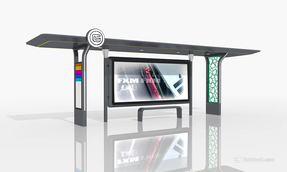 Bus Stop Billboard With Car Advertisement Covered Shelter And Decorative Panels 3d model 