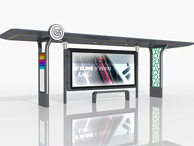 Bus Stop Billboard With Car Advertisement Covered Shelter And Decorative Panels 3d model