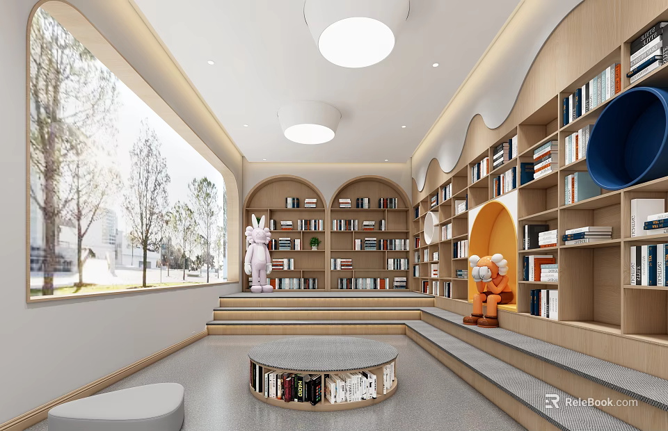Artistic Book Art Interior Design With Arched Bookshelves Circular Reading Area And Large Windows 3d model 