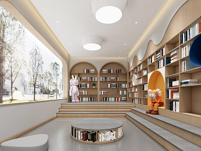 Artistic Book Art Interior Design With Arched Bookshelves Circular Reading Area And Large Windows 3d model
