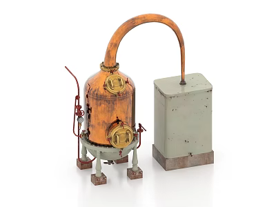 Industrial Processing Equipment With Orange Copper Vessel Curved Pipe And Gray Box 3d model