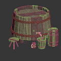 Traditional Wooden Household Items Including Large Barrel Small Stool Bucket And Jar