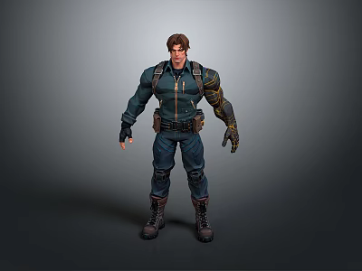 3D Male Character Design With Blue Jacket Mechanical Arm And Utility Belt 3d model