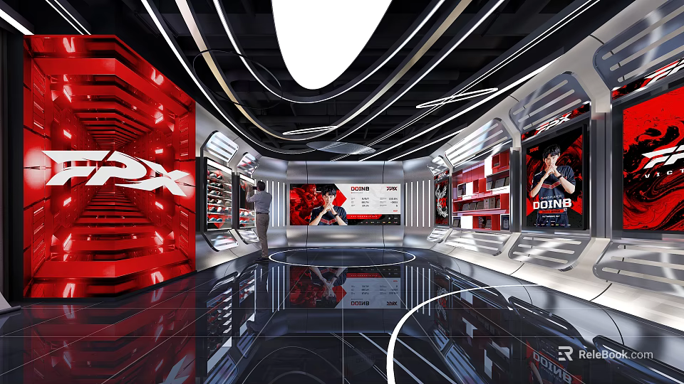 FPX Exhibition Hall With Modern Red And Black Design Display Cabinets Screens And Character Posters 3d model 