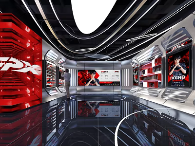 FPX Exhibition Hall With Modern Red And Black Design Display Cabinets Screens And Character Posters 3d model