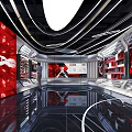 FPX Exhibition Hall With Modern Red And Black Design Display Cabinets Screens And Character Posters